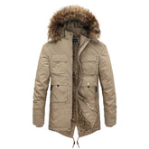 HARDLAND Men's Coat Autumn Winter Plus Velvet Hooded Fur Collar Mid-Length Tooling Jacket